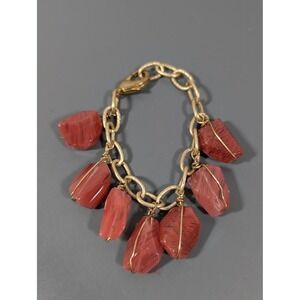 Deep Peach Glass‎ Bead Charm Bracelet Gold Tone 7.75 Inch